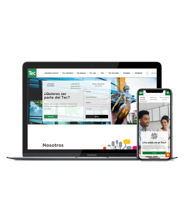 Laptop y smartphone mostrando el sitio web de TEC Guatemala, con un formulario de contacto y secciones como Tec members y Tec Lab.