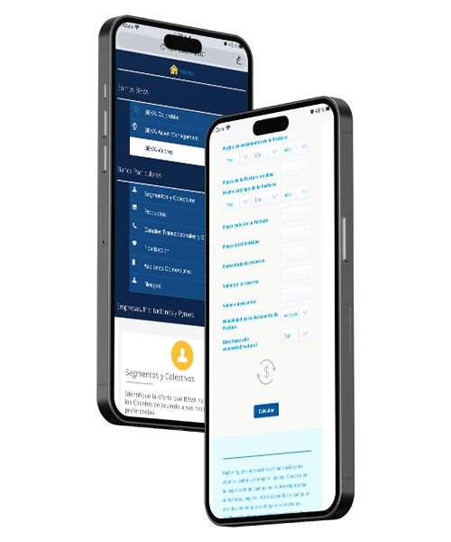 Dos smartphones mostrando pantallas del Portal de negocios bancarios de BBVA con un menú y un formulario para calcular productos financieros.