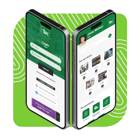Dos smartphones mostrando el sitio web de TEC Guatemala, uno con una pantalla de inicio de sesión y el otro con una página de bienvenida para un usuario.
