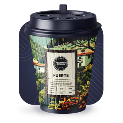 Vaso de café con etiqueta FUERTE.